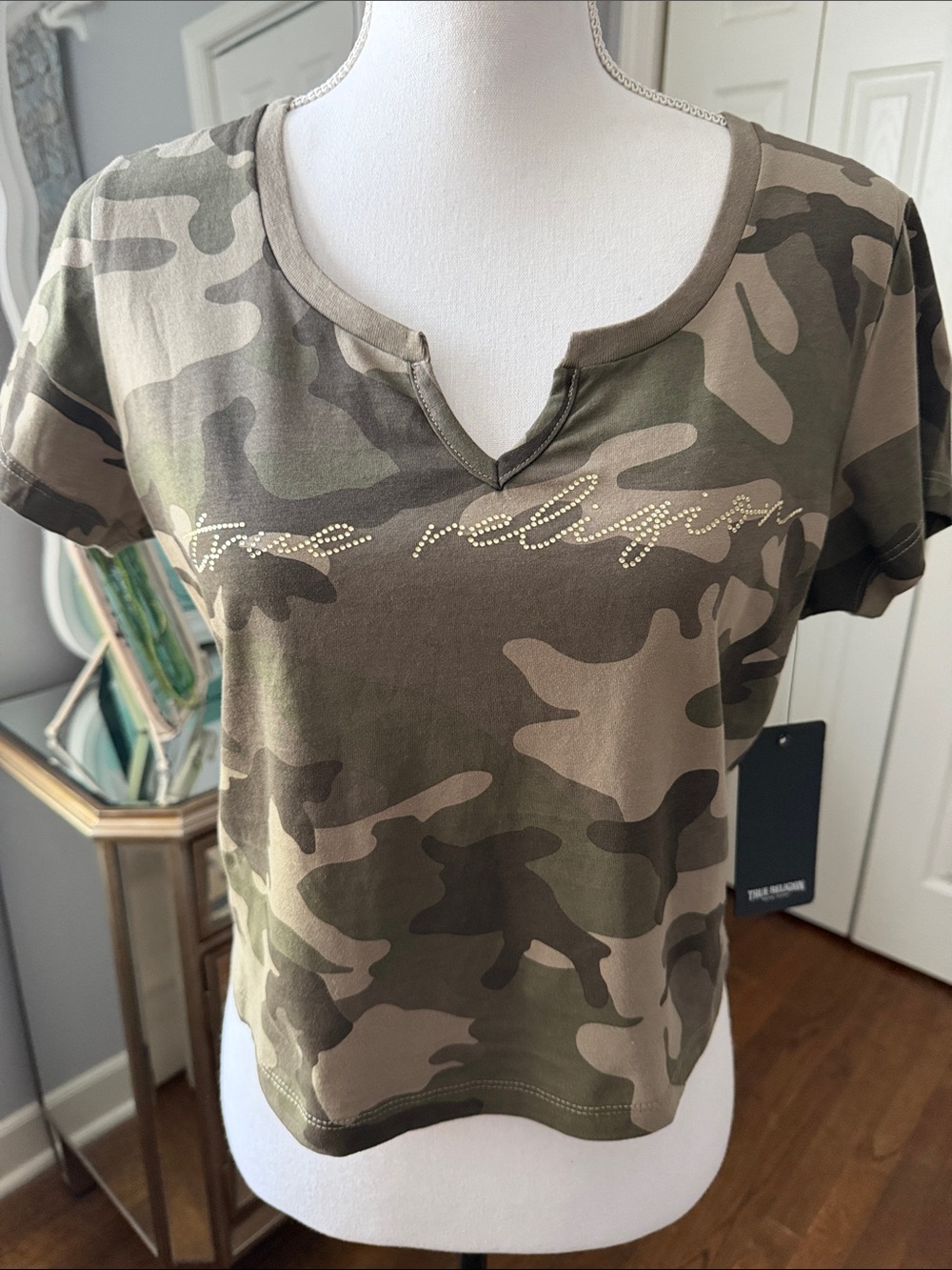 True Religion Women’s Camo Short Sleeve V-Notch Tee in Green